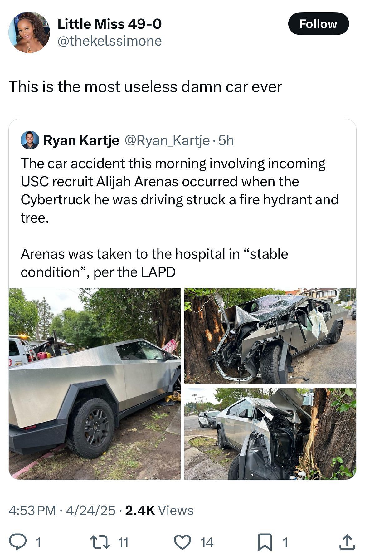 A post on X calls Cybertrucks &quot;useless&quot;