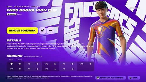 Fortnite FNCS Bugha Icon Cup event page (Image via Sportskeeda Gaming || Epic Games)