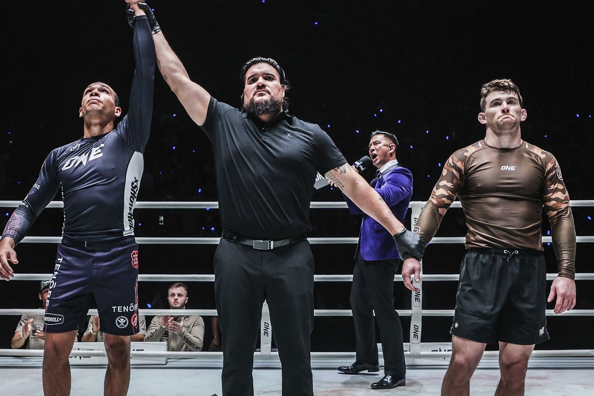 Tye Ruotolo (left) celebrates his win over Dante Leon. [Photo from ONE Championship]