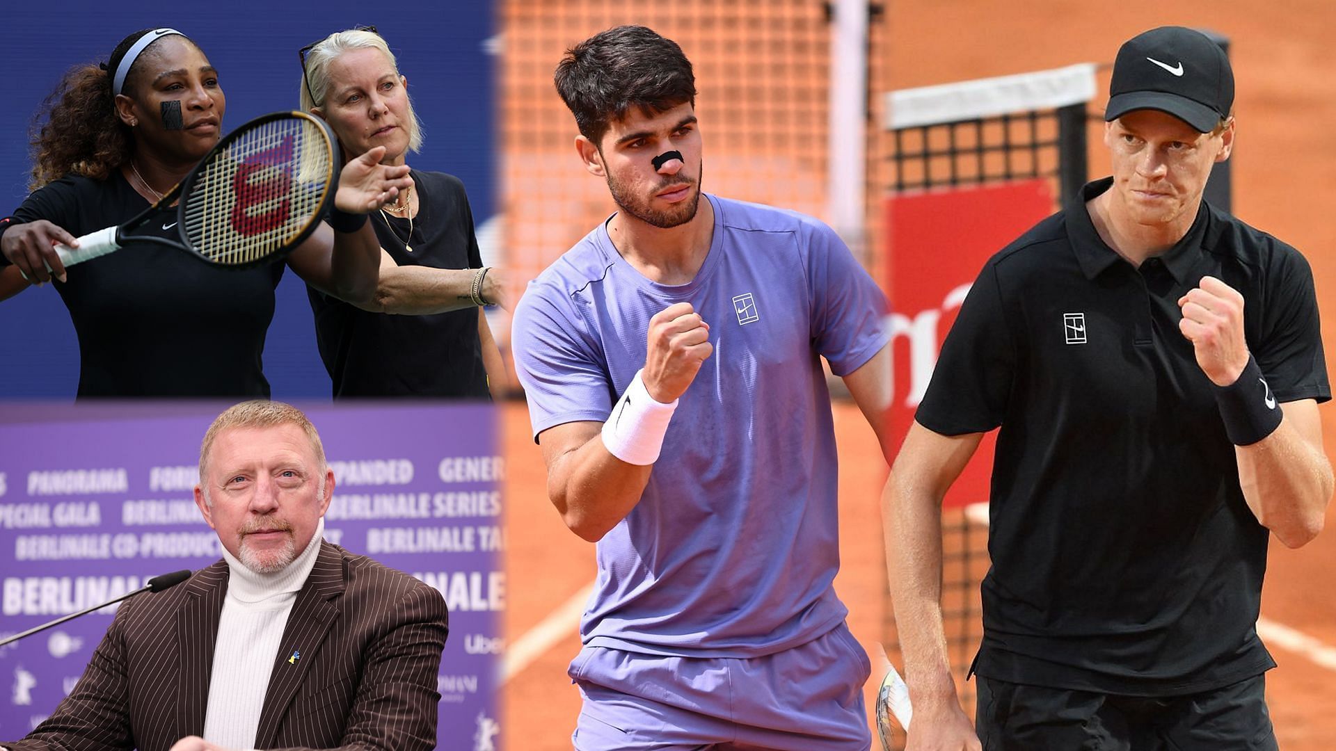 Serena Williams with Rennae Stubbs, Boris Becker, Carlos Alcaraz, Jannik Sinner