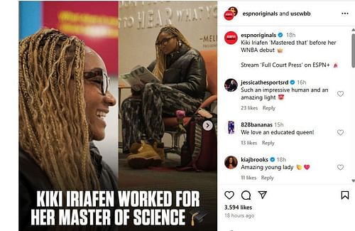 Kia Brooks shouts on Kiki Iriafen's achievement. (Photo Credit: Instagram @ESPNOriginals)