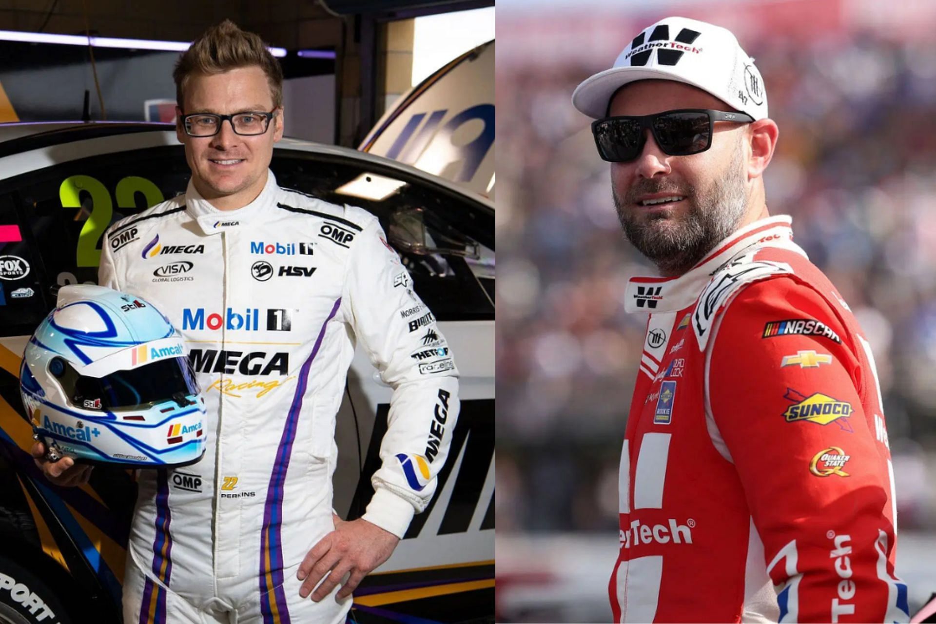 (Left) Jack Perkins driver of the #22 Mobil 1 MEGA Racing Holden Commodore ZB poses during the Tasmania SuperSprint Supercars Championship Round at Symmons Plains Raceway on April 05, 2019 in Hobart, Australia. (Photo by Daniel Kalisz/Getty Images) and (Right) Shane Van Gisbergen, driver of the #88 WeatherTech Chevrolet, looks on prior to the NASCAR Cup Series All-Star Open at North Wilkesboro Speedway on May 18, 2025 in North Wilkesboro, North Carolina.