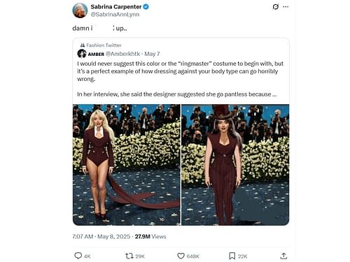 Sabrina's response to an X user correcting her Met outfit (Image via X/ @SabrinaAnnLynn)