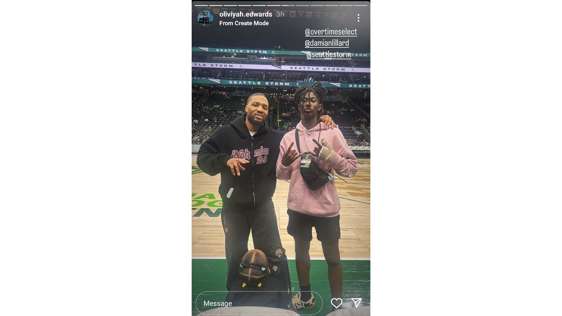 Five-star prospect Oliviyah Edwards shared a photo of herself with Milwaukee Bucks star Damian Lillard at Sunday&#039;s game between the Storm and the Las Vegas Aces. Source: Instagram/@oliviyah.edwards