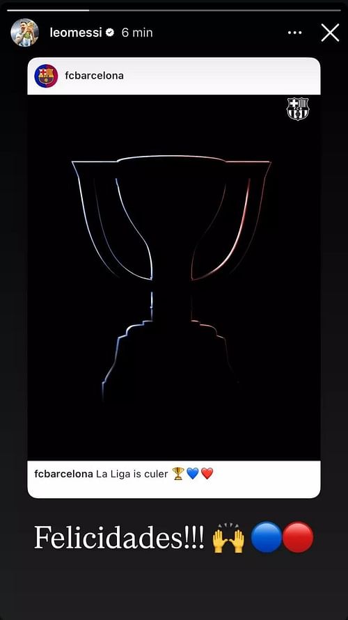 Messi congratulated his former team on the LaLiga win