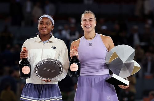 Aryna Sabalenka (R) and Coco Gauff at the Mutua Madrid Open - Day Twelve - Source: Getty