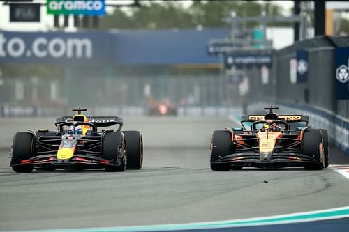 Max Verstappen and Oscar Piastri battle for track position on track during the F1 Grand Prix of Miami on May 04, 2025- Source: Getty