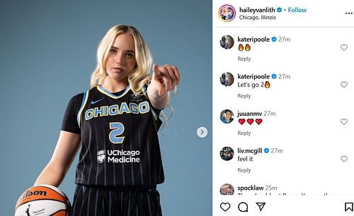 Kateri Poole reacts to Hailey Van Lith's WNBA debut snaps on IG. Image via @haileyvanlith