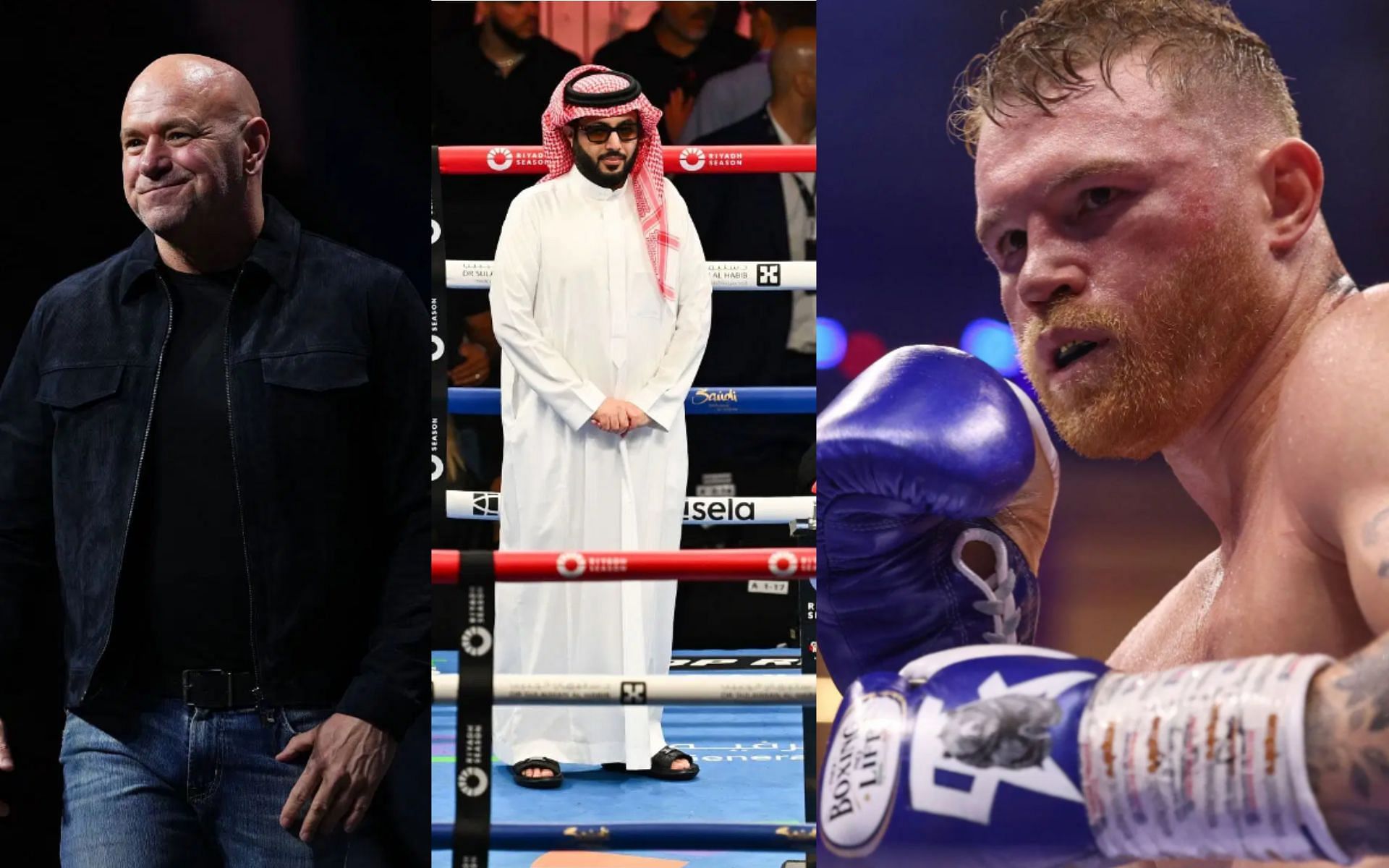 Dana White&rsquo;s (left) TKO Boxing dropped from Canelo Alvarez (right)vs Terence Crawford as Turki Alalshikh (middle)delivers major twist: [Image courtesy: Getty]