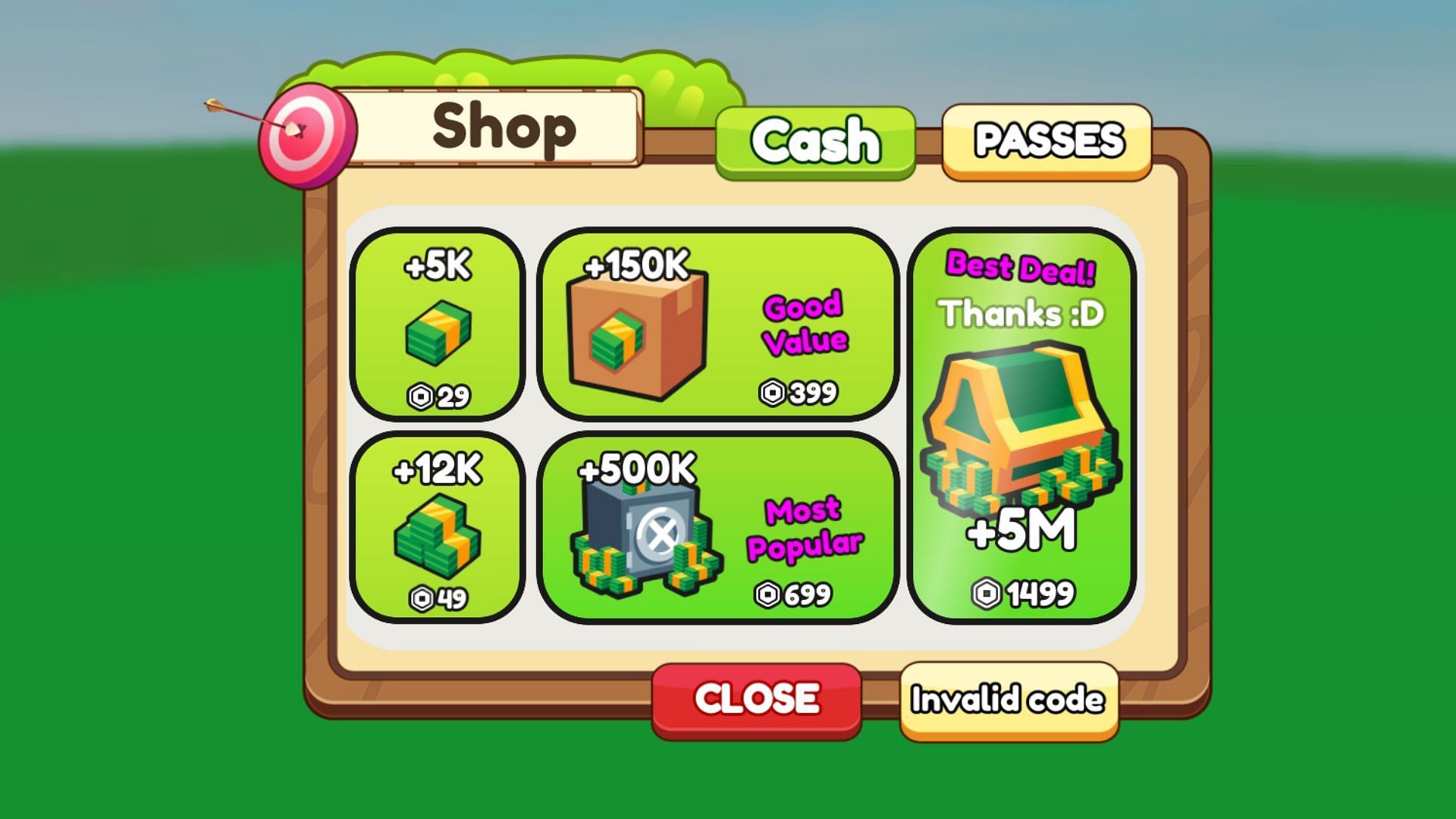 The &quot;Invalid code&quot; error in Archery Tycoon (Image via Roblox)