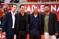 From left to right: Andy Murray, Roger Federer, Rafael Nadal and Novak Djokovic during the Spaniard's tribute ceremony at the 2025 French Open (Source: Getty)