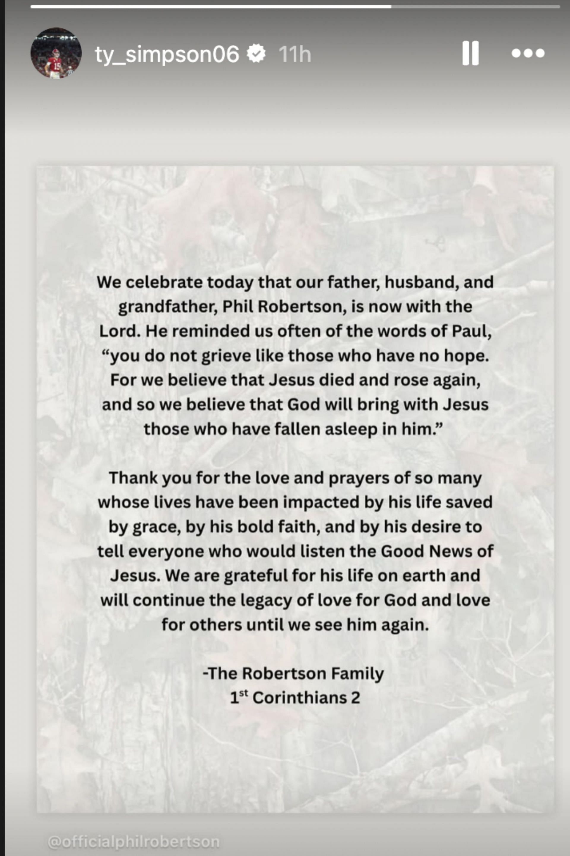 Ty Simpson mourns the death of Phil Robertson