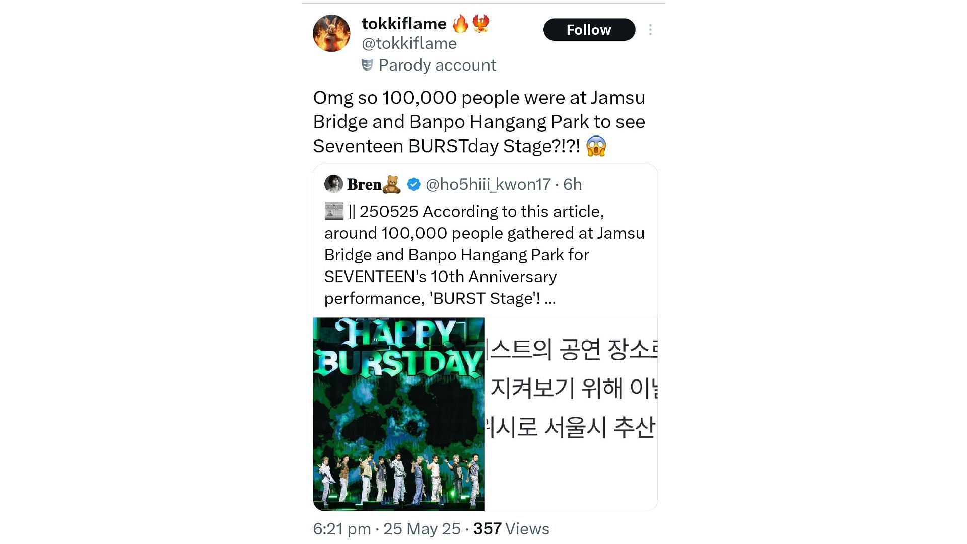 SEVENTEEN&#039;s 10th anniversary celebrations reportedly gathered 100,000 fans in Seoul (Image Via X/@tokkiflame)