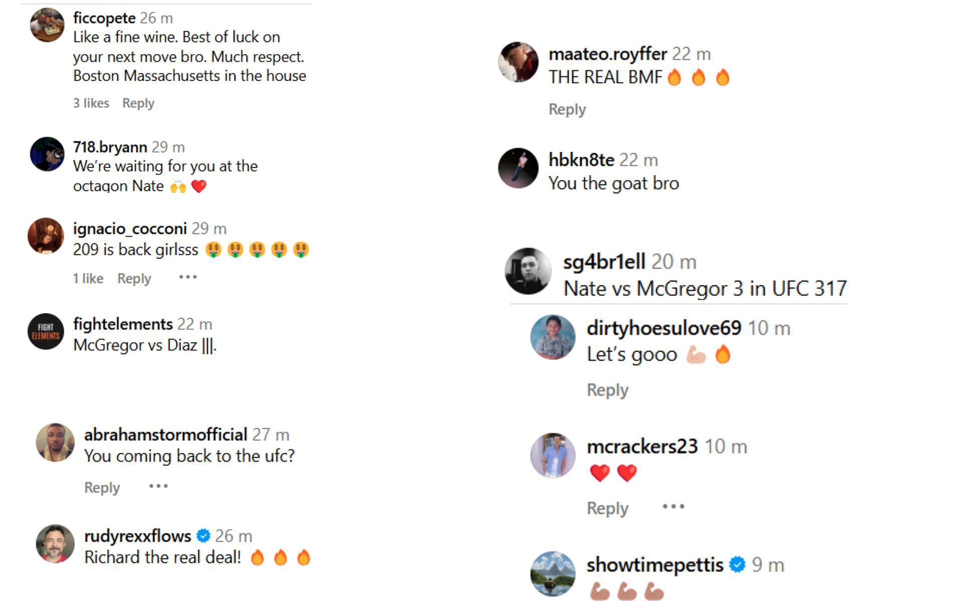 Fans react to Nate Diaz&#039;s recent Instagram post. [Screenshots courtesy: @natediaz209 on Instagram]