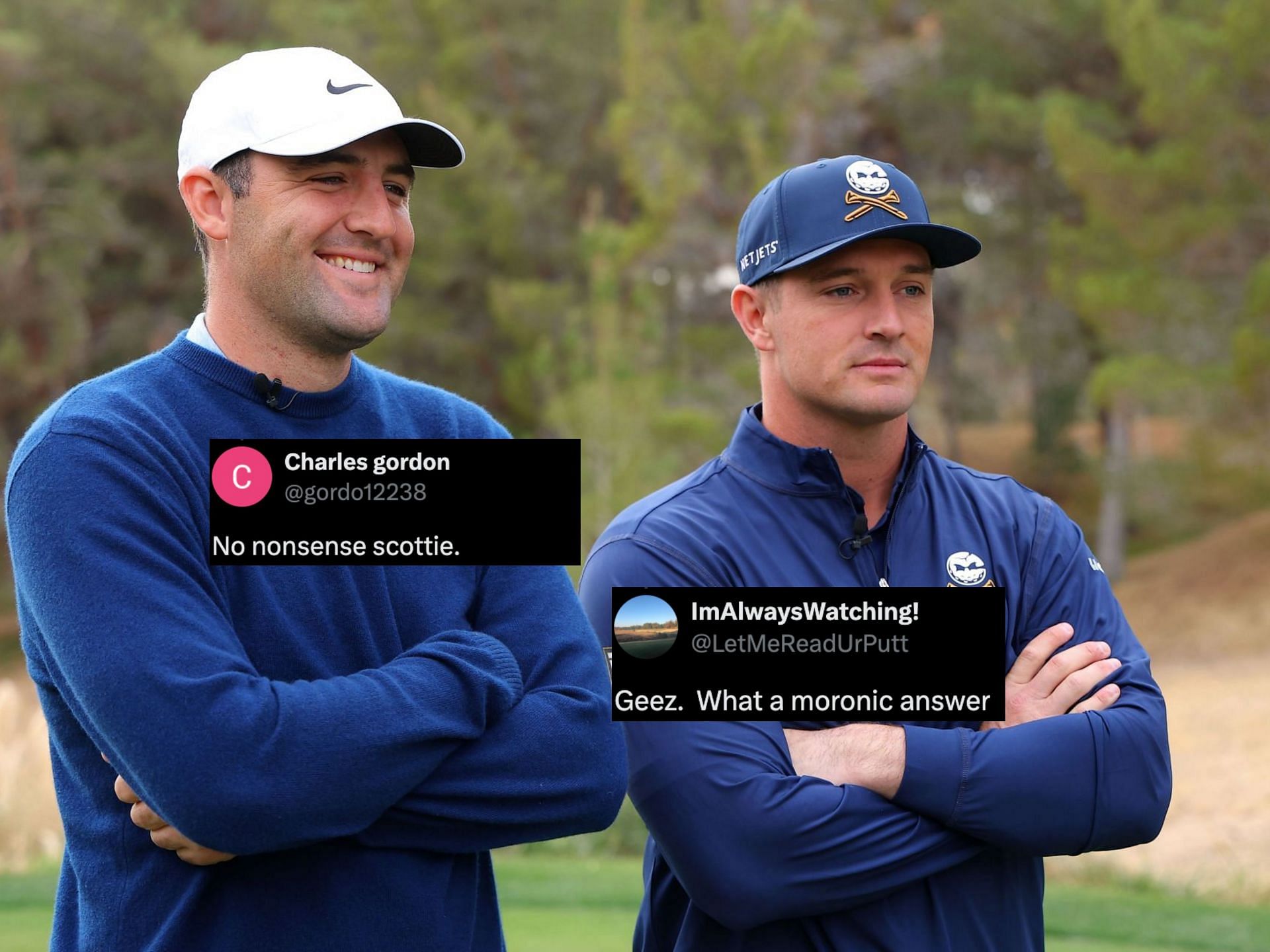 Scottie Scheffler and Bryson DeChambeau during LIV-PGA Showdown (Image Source: Getty, x@LetMeReadUrPut, x@gordo12238)