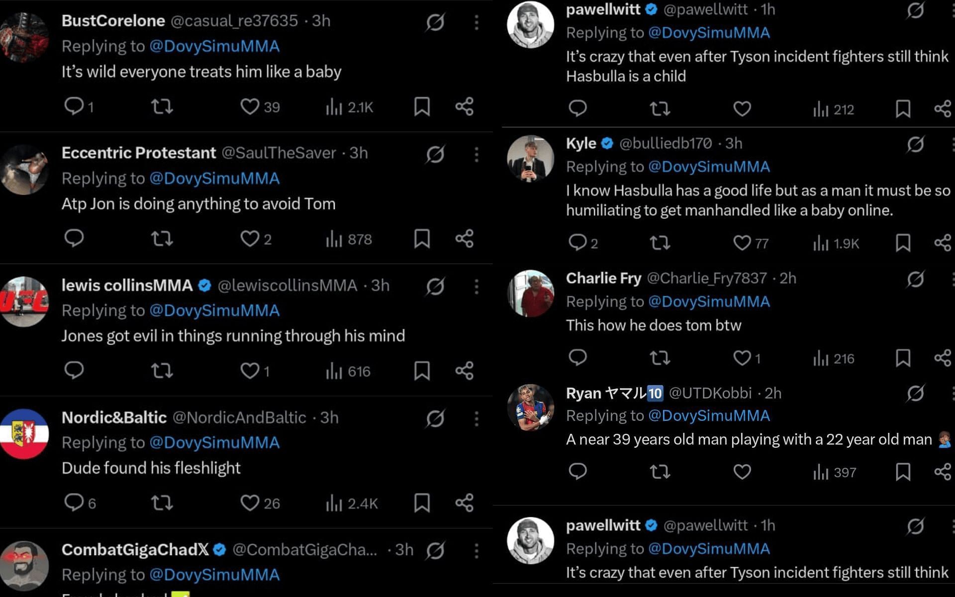 Fans&#039; reaction to Jon Jones lifting Hasbulla. [Screenshots courtesy: @DovySimuMMA on X]
