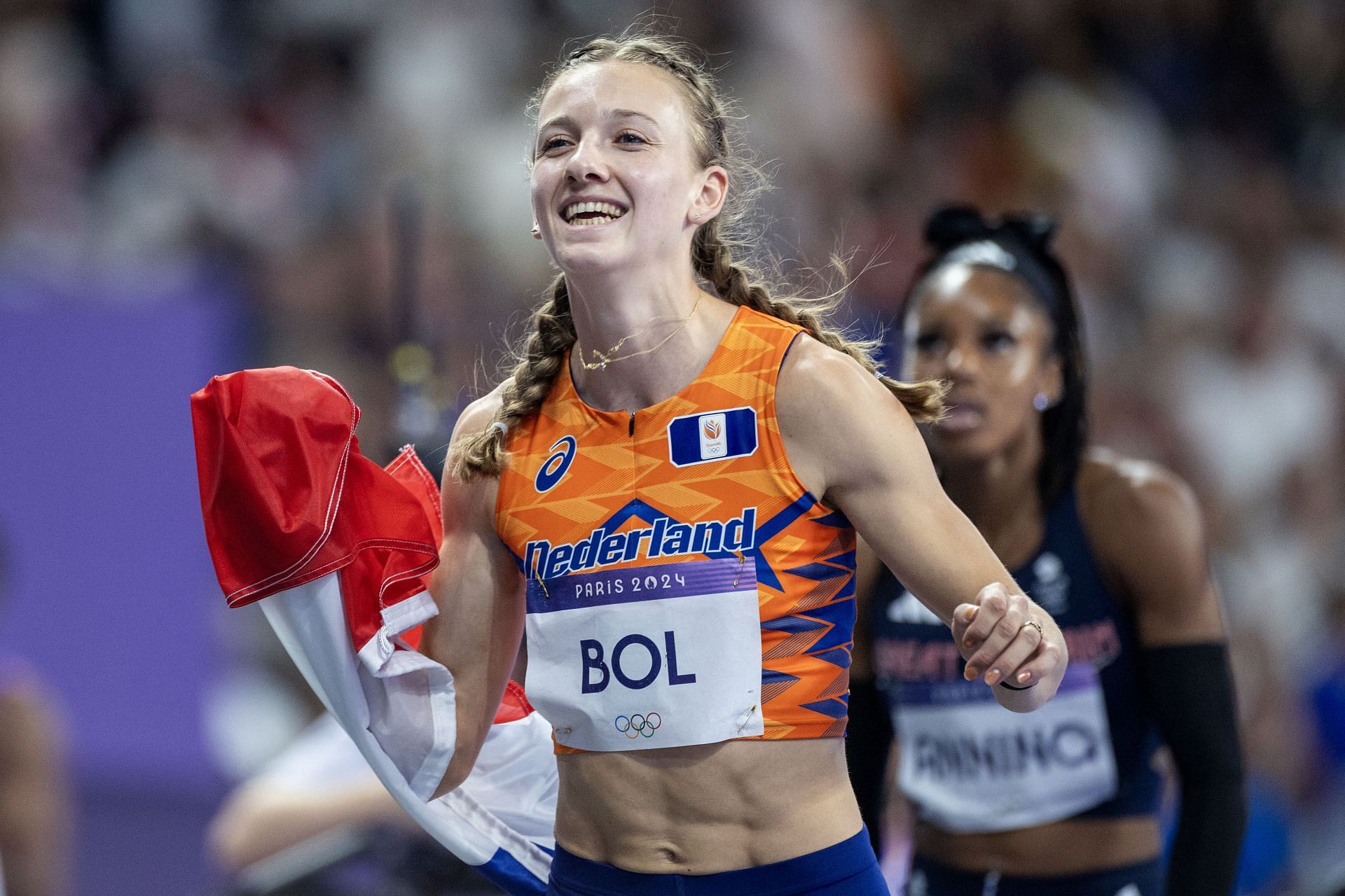 Femke Bol celebrating after the women&#039;s 4x400m relay final at the Paris Olympics [Image Source: Getty]