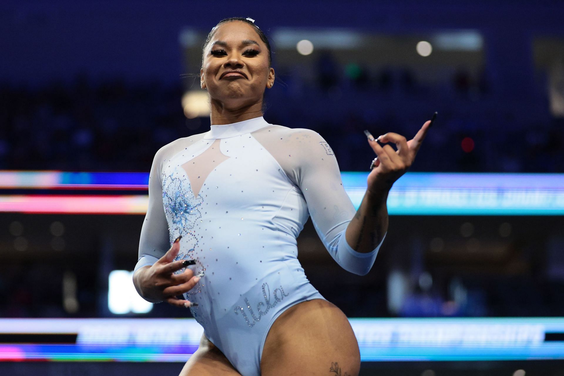 Jordan Chiles in action at the 2025 NCAA Women&#039;s Gymnastics Championships [Image Source: Getty]