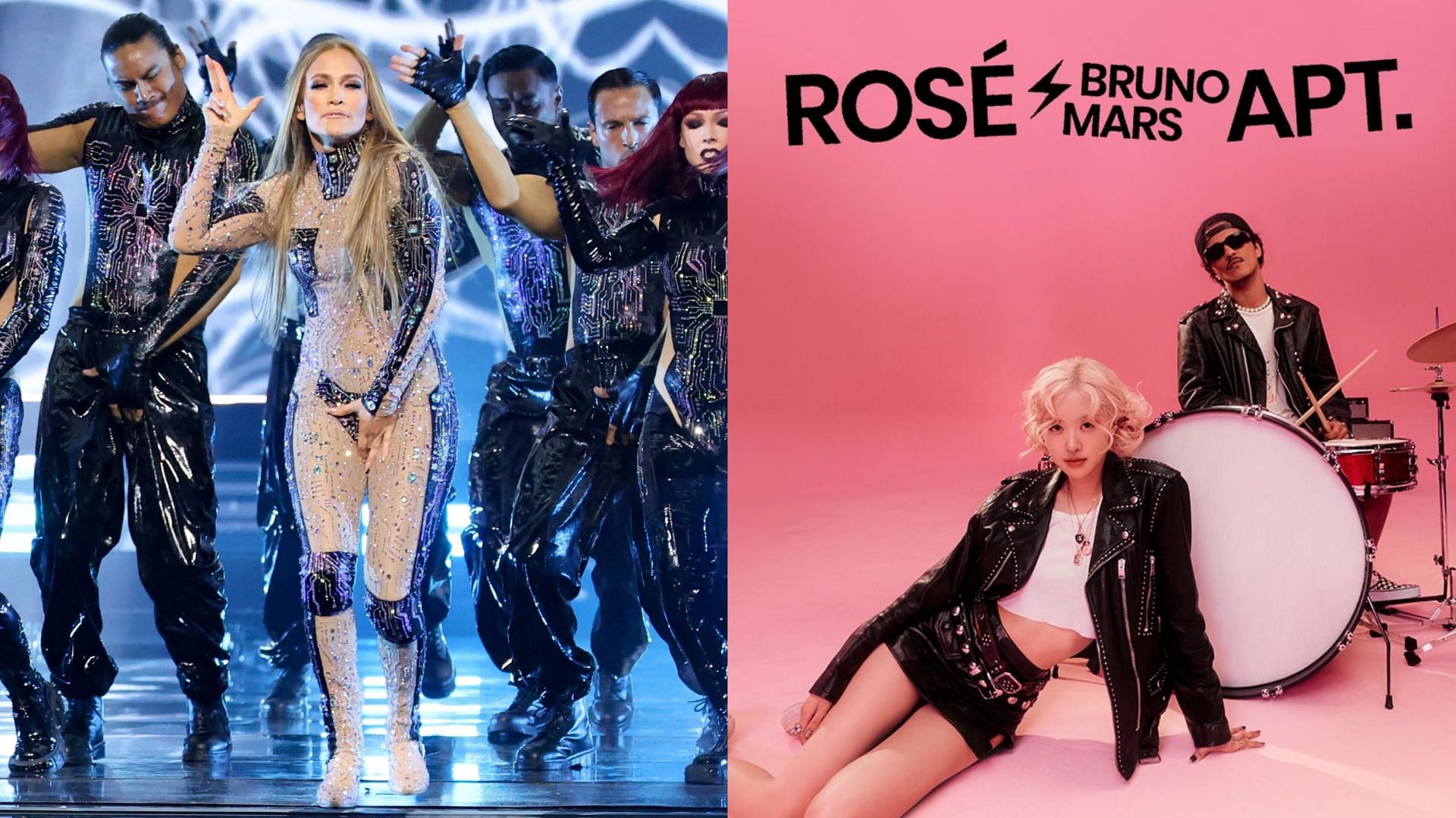Jennifer Lopez performs &ldquo;APT&rdquo; by BLACKPINK&rsquo;s Ros&eacute; and Bruno Mars (Images via X/@AMAs &amp; @THEBLACKLABEL)