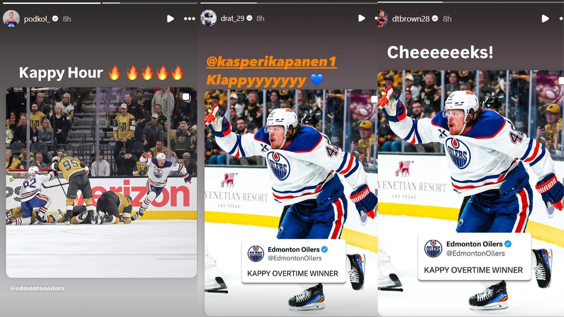 Kasperi Kapanen scores OT winner, Oilers stars react to series-clinching goal over Golden Knights (via Instagtam dtbrown28, podkol_and drat_29)