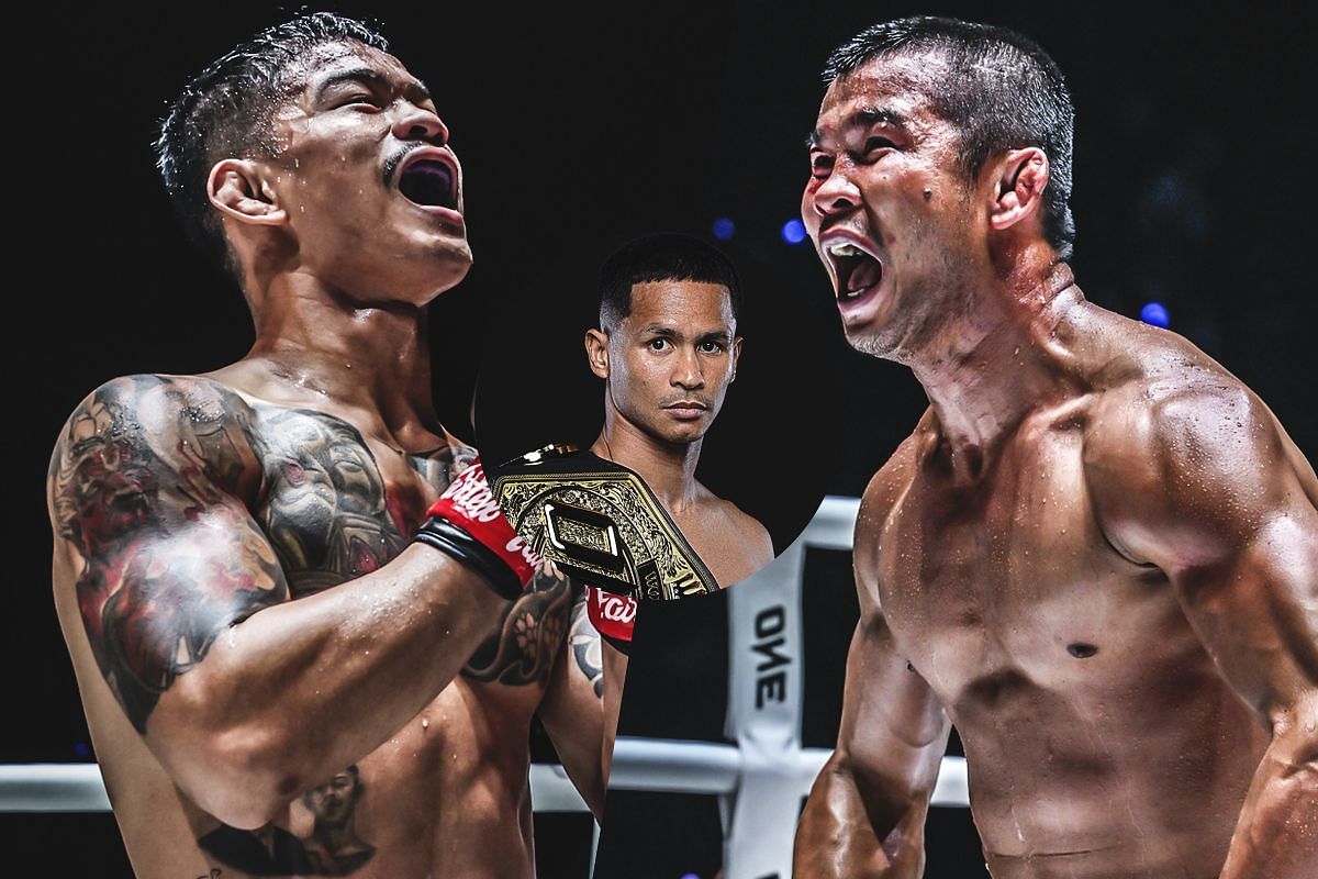 Kongthoranee (left), Nong-O (right), and Superbon (circle inset). [Photos from ONE Championship]