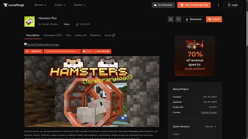 Hamsters Plus can be downloaded from CurseForge. (Image via CurseForge/Starfish_Studios)