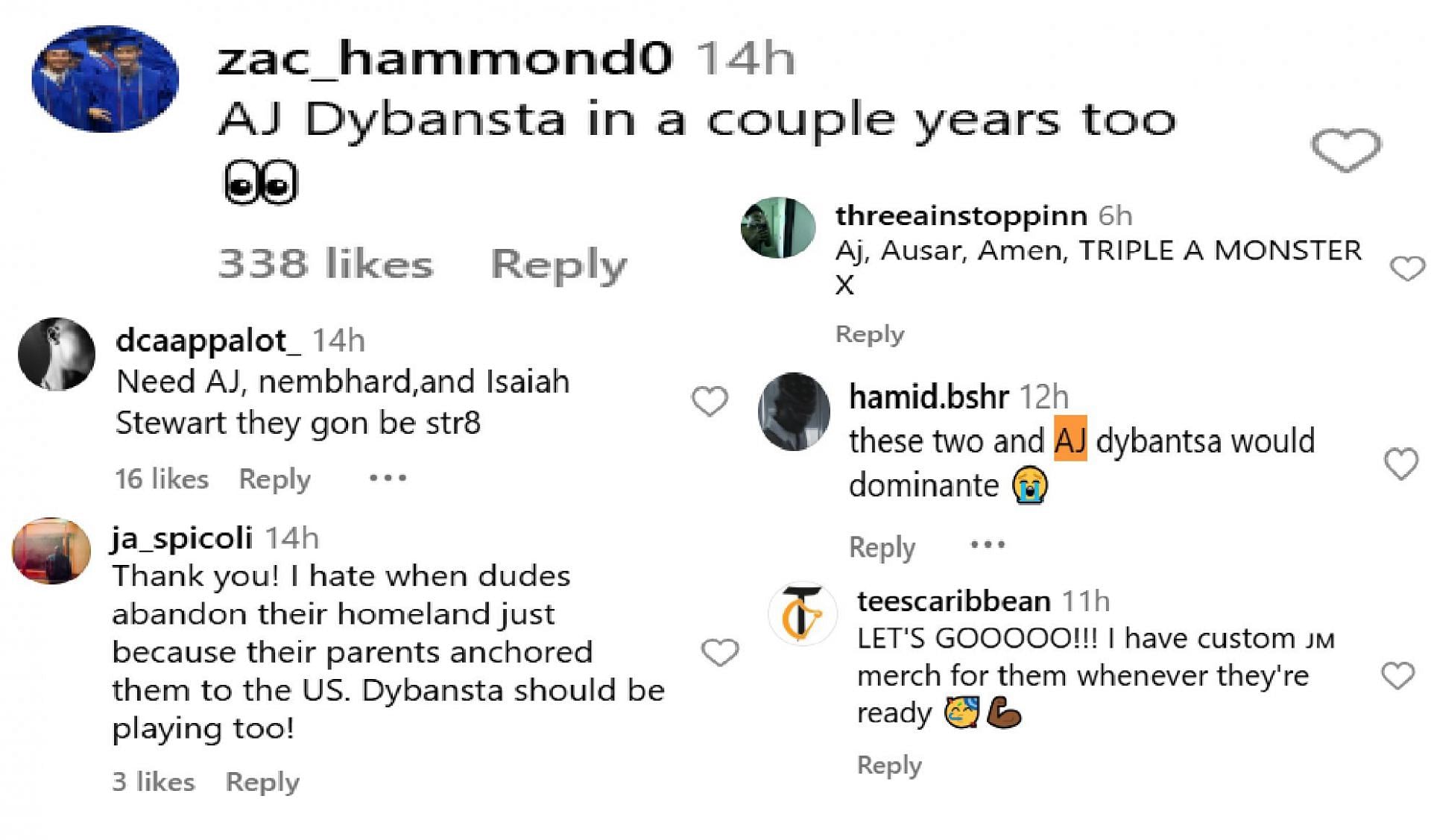 Hoops fans react to possibility of AJ Dybantsa joining the Thompson Twins in playing for the Jamaican National Team (source: IG/ ballislife)