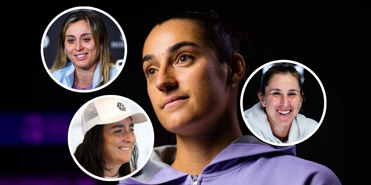 Caroline Garcia (background), Paula Badosa (top left inset), Ons Jabeur (bottom left inset), Belinda Bencic (right inset), Sources: Getty