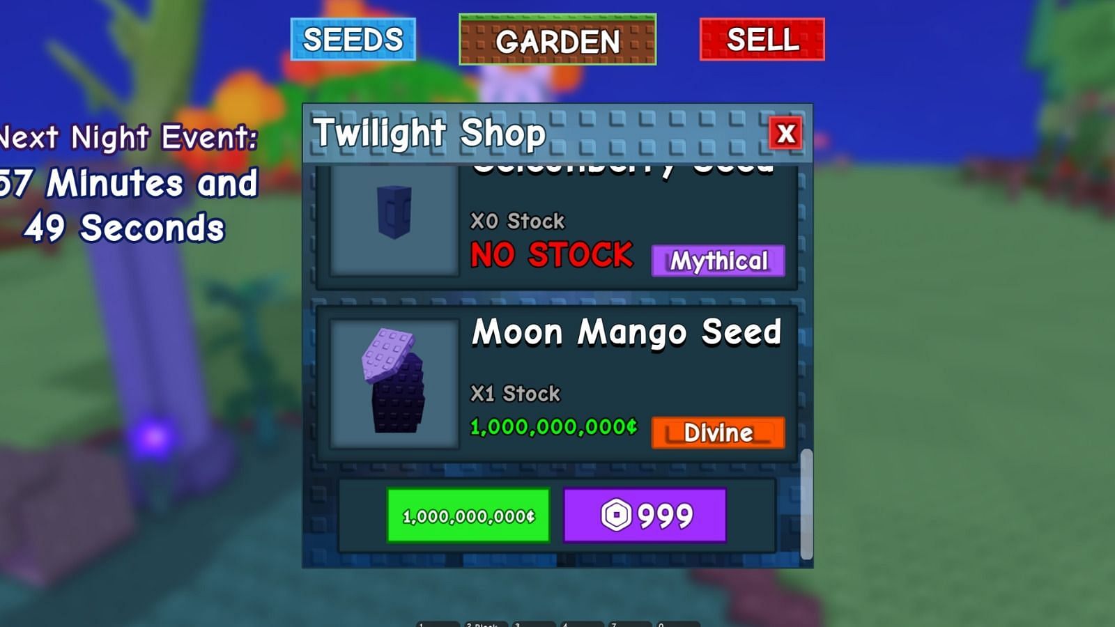Moon Mango seed costs 1 billion Sheckles (Image via Roblox)