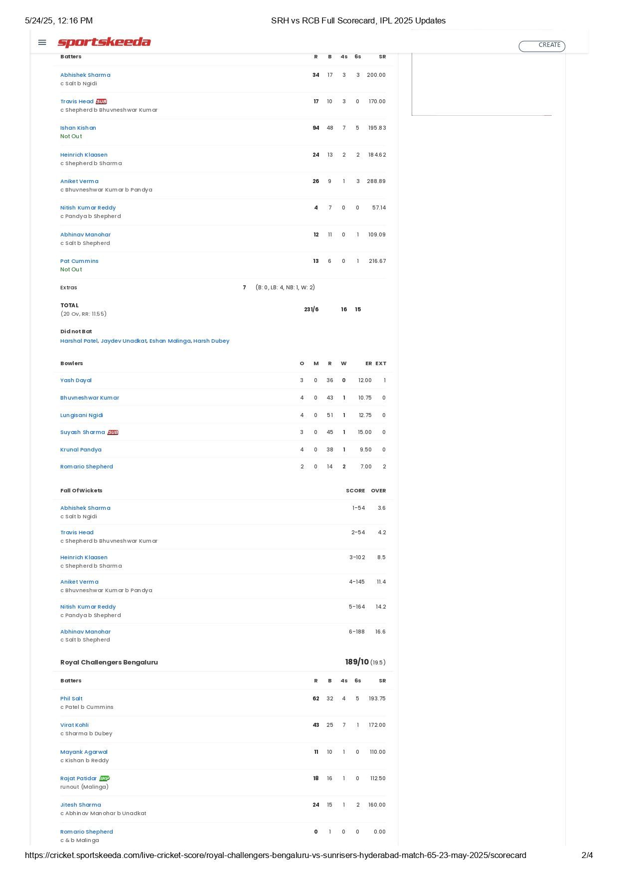 SRH vs RCB 2025 scorecard.