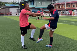 WATCH: Thai legends Saenchai, Rodtang get a little too real with their Muay Thai drills while playing football