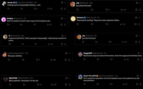 Screenshot of fan comments on Jon Jones trolling Tom Aspinall's fans: [Screenshot courtesy: @HappyPunch on X]