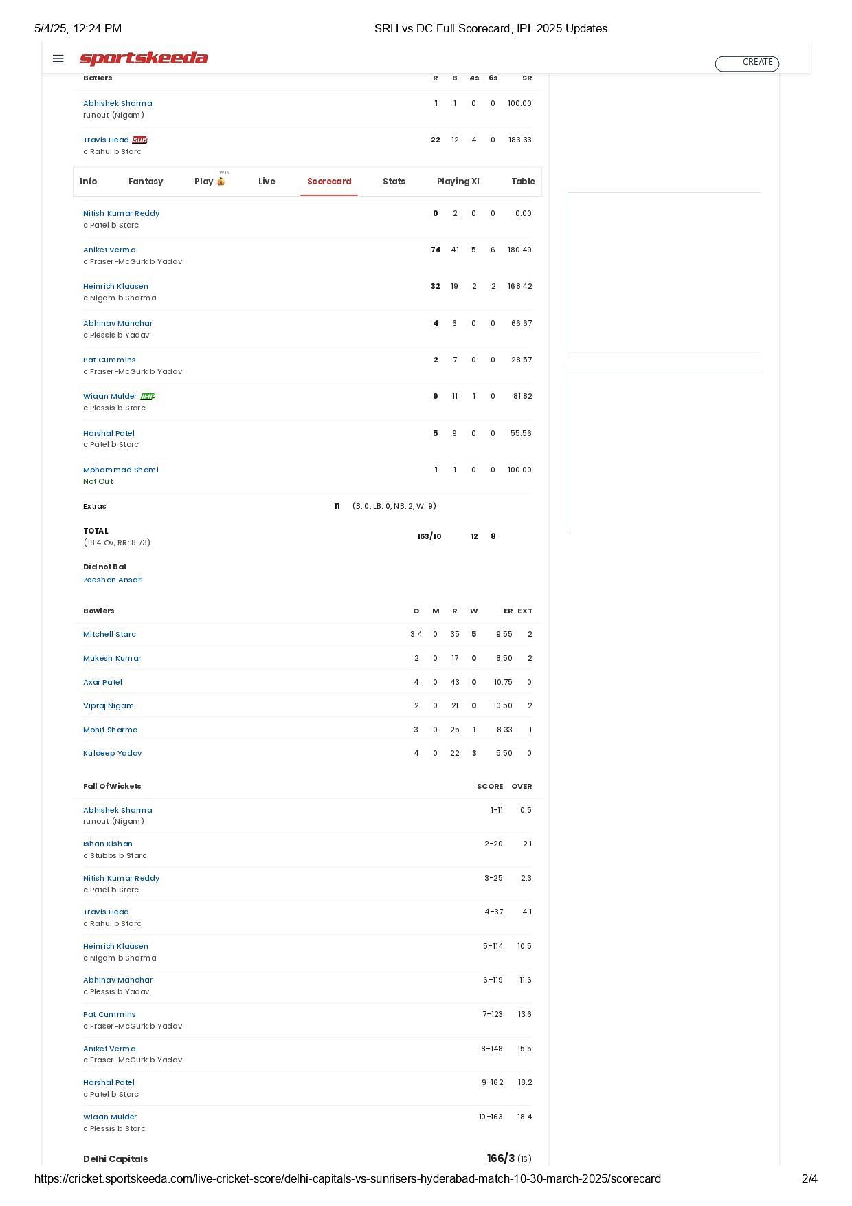 SRH vs DC IPL 2025 scorecard.