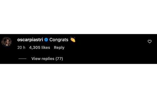 Oscar Piastri's comment on Virat Kohli's test cricket retirement post | Source: Instagram