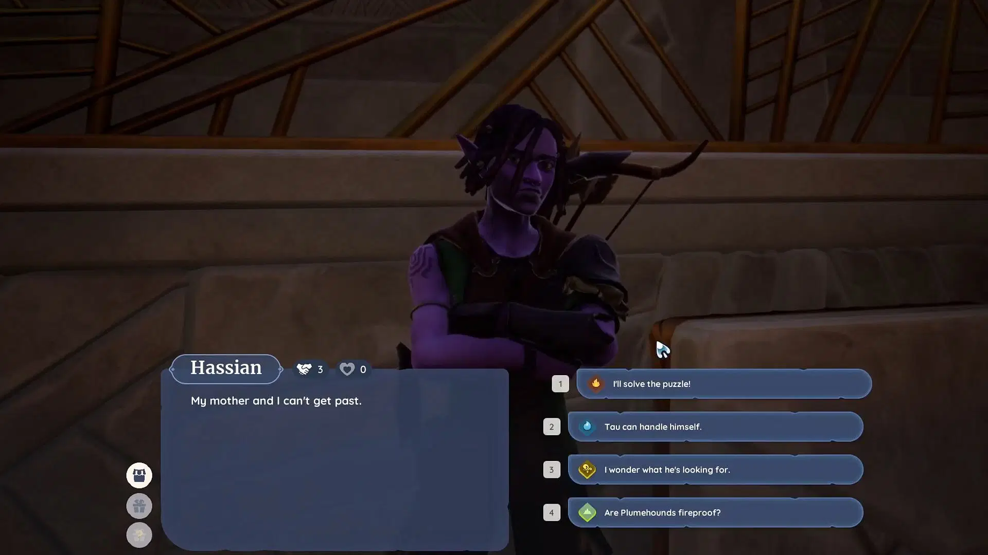 Hassian suspects Tau is sneaking around at night and wants you to investigate further (Image via Singularity 6)