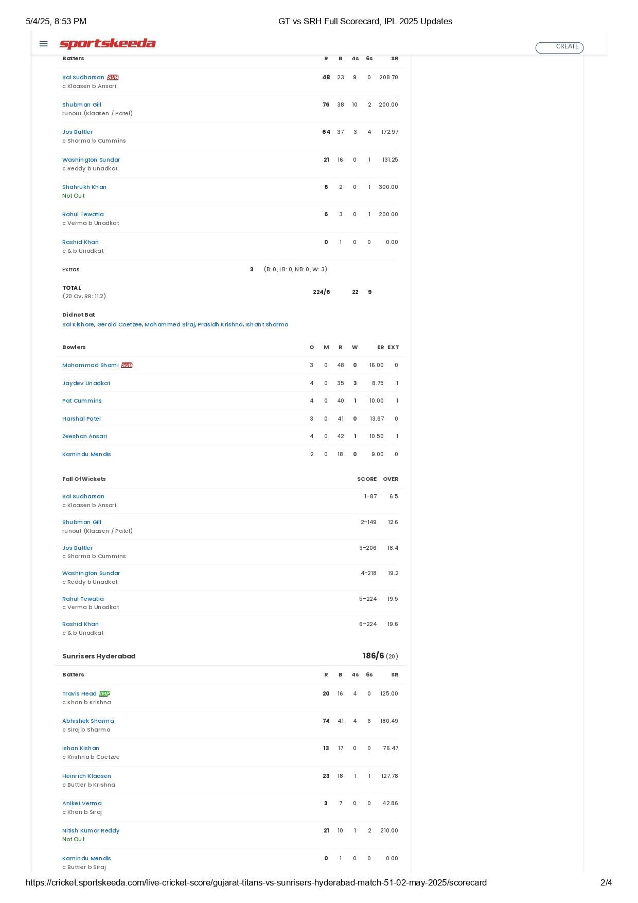 GT vs SRH 2025 scorecard.