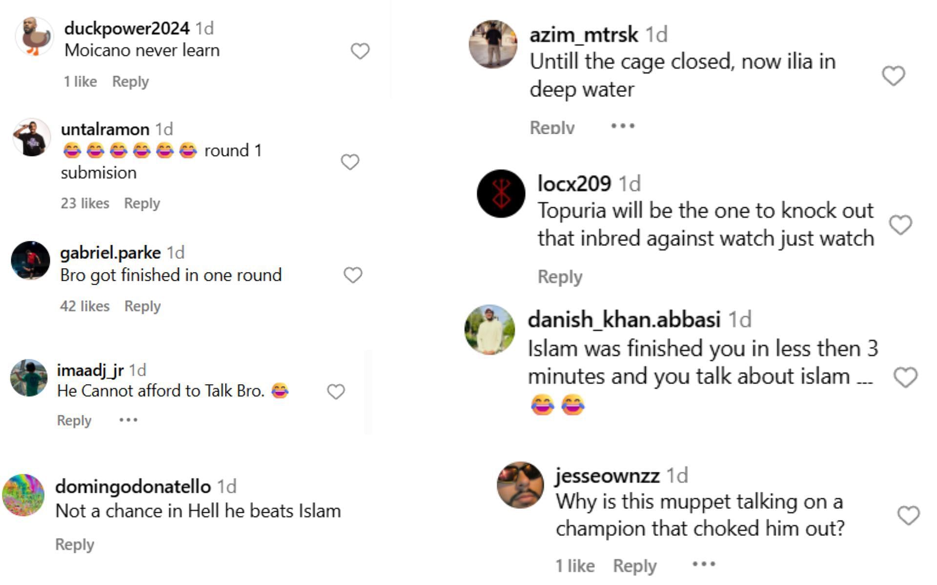 Fan reactions to Renato Moicano&#039;s take on Islam Makhachev vs. Ilai Topuria matchup. [Screenshot courtesy: @uncrowned on Instagram]
