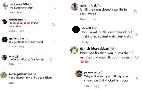 Fan reactions to Renato Moicano's take on Islam Makhachev vs. Ilai Topuria matchup. [Screenshot courtesy: @uncrowned on Instagram]