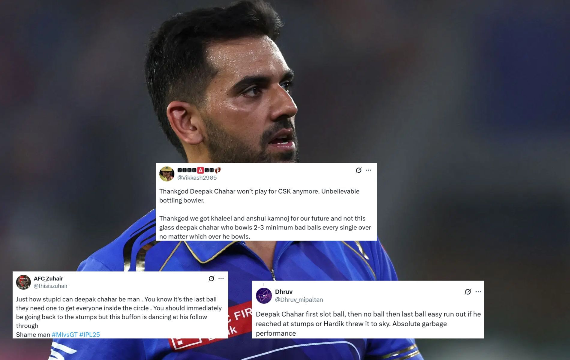 "Thank god Deepak Chahar won't play for CSK anymore" - Fans brutally slam MI pacer for disastrous final over in defeat to GT in IPL 2025