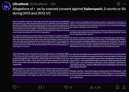 Sabersparkk is being accused of r*pe. (Image via X)