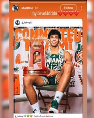 Hurricanes signee Shelton Henderson shares two-word reaction as former Ivy League commit JJ Laboy flips to join him at Miami. (Image via Instagram @shelt0nn)