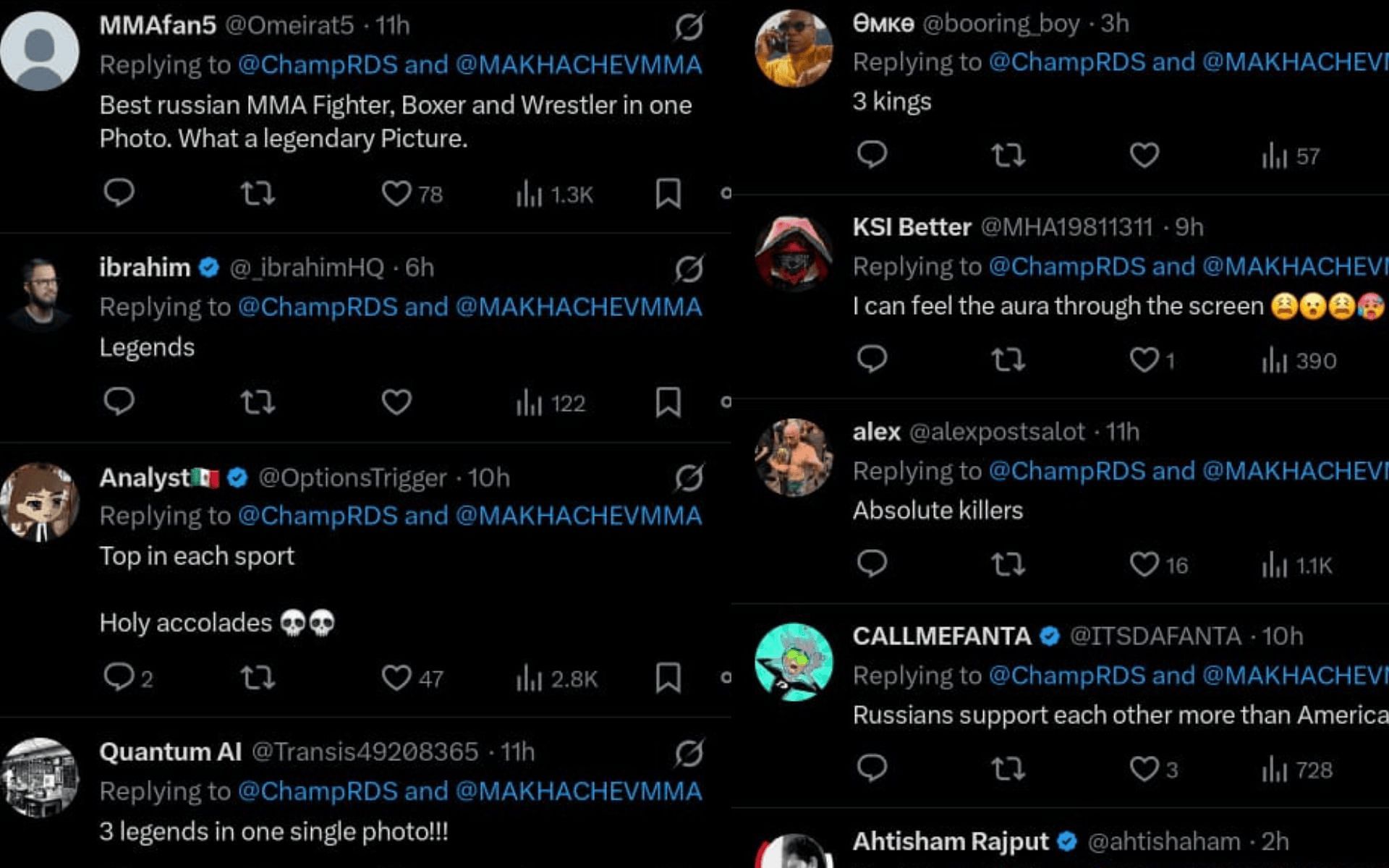 Fans&#039; reaction to the picture of Islam Makhachev, Artur Beterbiev, and Abulrashid Sadulaev together. [Screenshots courtesy: @ChampRDS on X]