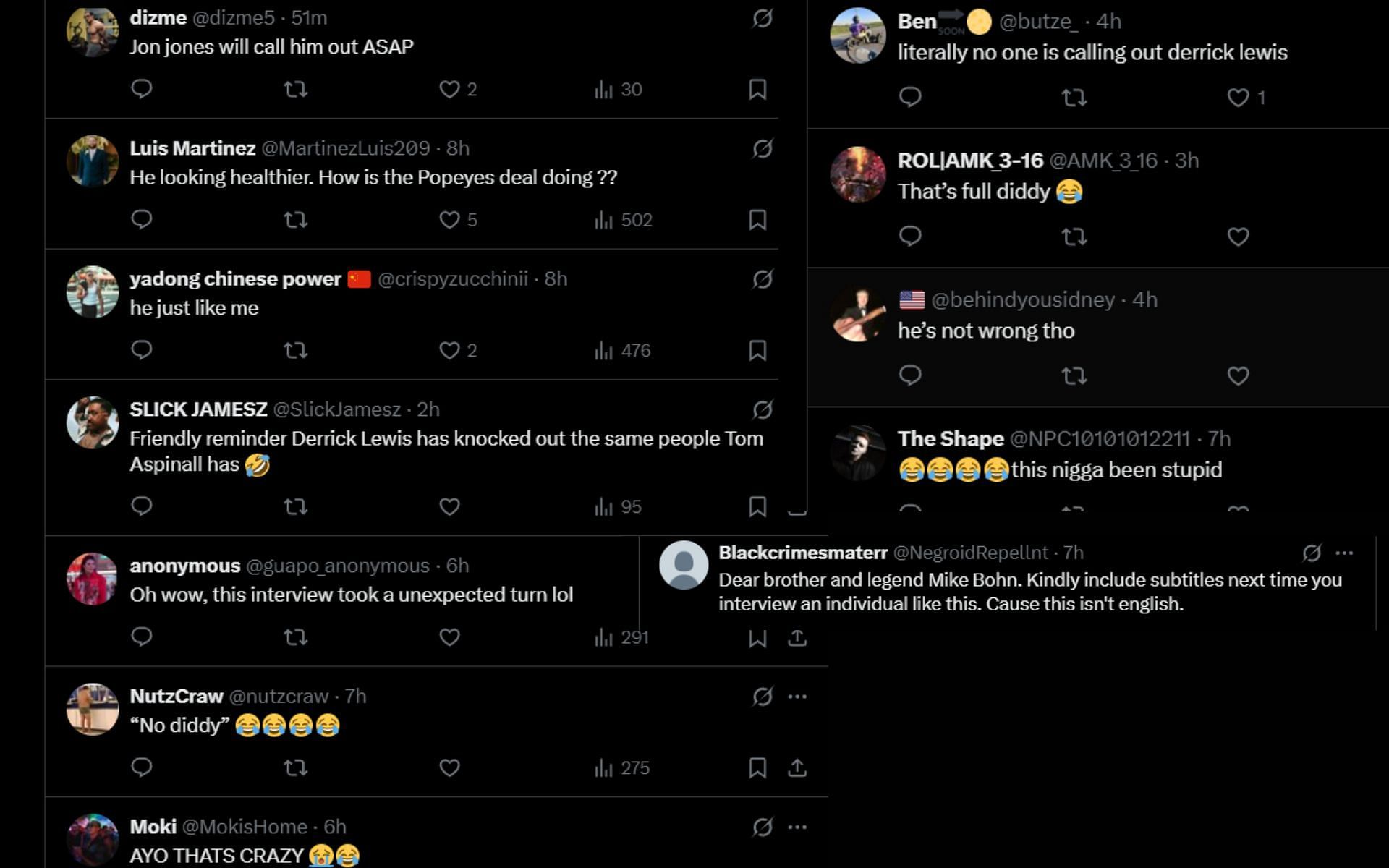 Fans react to Derrick Lewis&#039; new strategy. [Screenshots courtesy: @MMAJunkie on X]