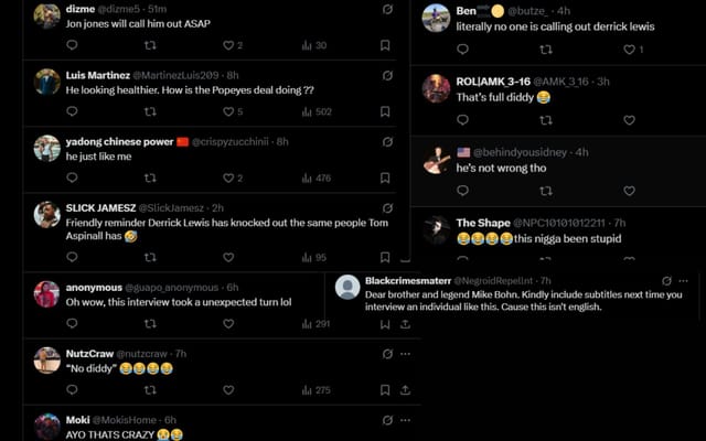 Los seguidores reaccionan al nuevo sistema de Derrick Lewis.  [Screenshots courtesy: @MMAJunkie on X]