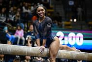 EMJAE FRAZIER OF THE CALIFORNIA Golden Bears compete in the balance beam against the tigers Clemson (Photo of Thien-an Truong/Isi Photos/Getty Images)