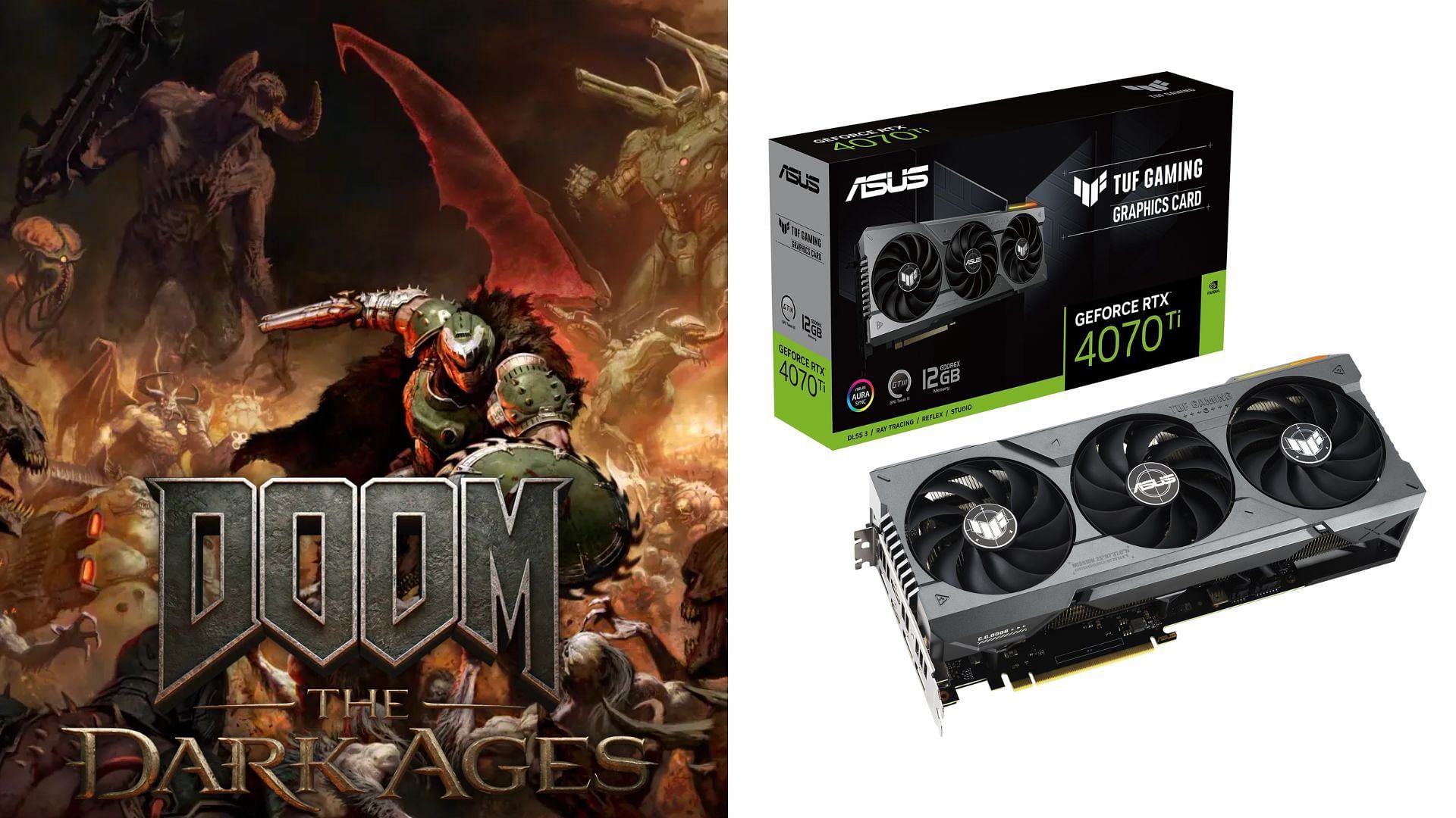 The RTX 4070 Ti and 4070 Ti Super are high-end GPUs for playing DOOM: The Dark Ages (Image via Bethesda and Amazon)