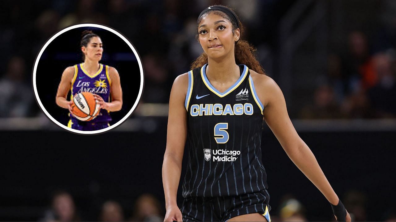 Kelsey Plum celebrates after scoring on Angel Reese in Los Angeles Sparks and Chicago Sky game.