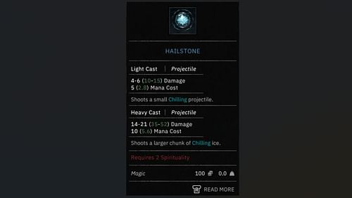 Hailstone spell stats in Tainted Grail The Fall of Avalon (Image via Awaken Realms)