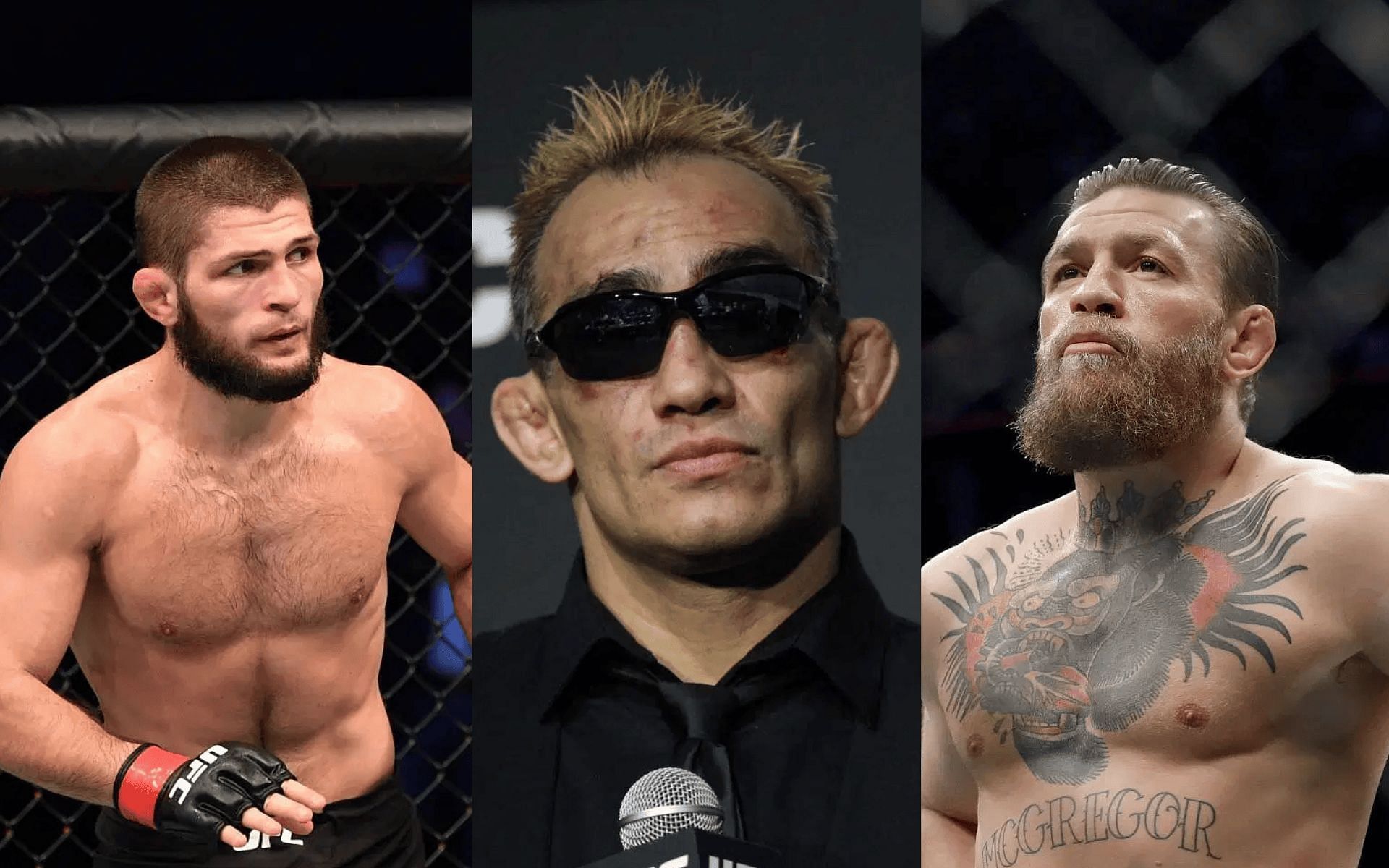 Tony Ferguson (middle) gets honest about going back in time to fight either Khabib Nurmagomedov (left) or Conor McGregor (right). [Images courtesy: Getty]