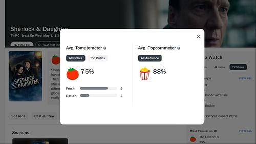 Screenshot showing the current Rotten Tomatoes score of 75% from critics and an 88% audience score for Sherlock & Daughter, as of early May 2025. (Image via Rotte Tomatoes)
